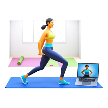 A person performing hip thrusts on a mat, following an online fitness trainer's tutorial displayed on a laptop. The laptop sits on the floor beside them, showing a clear image of the trainer demonstrating the exercise. The person has a focused expression, wearing athletic clothing suitable for workouts. The background features a well-lit, minimalist home gym setting with some fitness equipment, such as dumbbells and a yoga mat. The person’s posture is aligned correctly as they lift their hips, showcasing the movement.