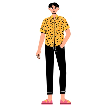 A model standing confidently, wearing a "cheetah print shirt" with a vibrant design of orange and black spots. The shirt is styled with rolled-up sleeves, showcasing the model's trendy look. The model is also wearing "sleek black pants" that fit closely to the legs, creating a modern silhouette. The model's hair is styled in a chic manner, and they have a subtle smile on their face. The background features a simple color that complements the outfit, allowing the clothing to stand out.