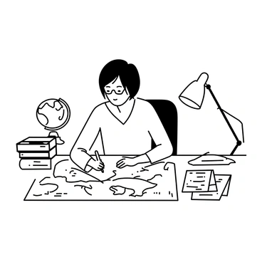 A student seated at a wooden desk, surrounded by various historical maps and documents. The student is focused on a large map spread out in front of them, with a pencil in hand, making notes in a notebook. The student is wearing glasses and has short hair. A stack of old books is on one side of the desk, while a desk lamp is illuminating the workspace. A globe is positioned in the background, adding to the historical theme of the study session.