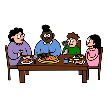A family gathered around a wooden dinner table filled with various dishes. The table is set with plates, cutlery, and glasses. A light-skinned woman with big eyes and curly hair is leaning forward, speaking passionately, wearing a purple sweater. A dark-skinned man with big eyes and short hair is sitting across from her, looking frustrated, dressed in a blue button-up shirt. Beside him, a light-skinned boy with big eyes and tousled hair is frowning, holding a fork, and wearing a green t-shirt. A light-skinned girl with big eyes and long straight hair looks concerned, wearing a pink dress. Tension is visible as they all express different emotions, conveying the intensity of the conversation.