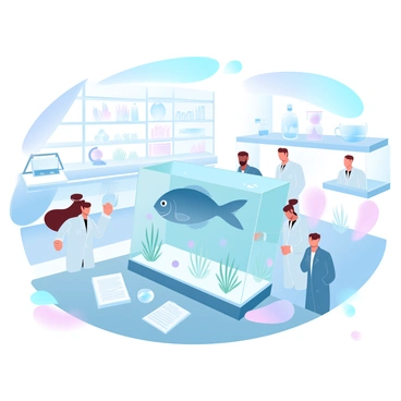 A marine biology lab is filled with various scientific equipment and glass tanks. In the center, a large tank contains a live halibut swimming gracefully. The tank is filled with clear water, and aquatic plants are gently swaying. Several scientists in lab coats are standing around the tank, observing the halibut through the glass. There are notes and data sheets on the nearby table, and various instruments are displayed on the shelves behind them. The lab is well-lit with large windows that allow natural light to pour in, enhancing the vibrant colors of the aquatic life within the tank.