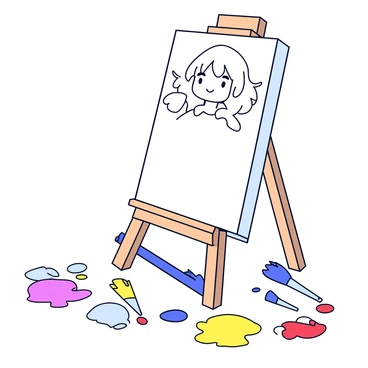 A large canvas stands upright, displaying an unfinished illustration of a character named "Nami." The image shows a partially completed figure with flowing hair and expressive features. Below the canvas, the floor is covered in various colorful paint splatters, including shades of blue, yellow, and red. Brushes and paint tubes are scattered around the base of the canvas, adding to the creative chaos of the scene.