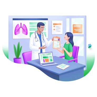 A doctor standing beside a desk in a well-lit office, explaining tuberculosis treatment options to a patient seated across from them. The doctor, wearing a white coat, gestures towards an informational brochure on the desk. The patient, appearing attentive and engaged, is holding a pen and notebook, taking notes. On the wall behind them, there is a colorful poster depicting healthy lungs and infographics about tuberculosis. A potted plant sits in the corner, adding a touch of greenery to the room. A laptop is open on the desk, displaying a medical chart related to tuberculosis treatment. The overall atmosphere is one of professionalism and care.