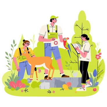 A group of three conservationists in outdoor gear is working together in a lush forest environment. One conservationist, a woman with brown hair tied back, is gently lifting a small, injured baby deer. Another conservationist, a man with a green cap and glasses, is holding a first aid kit open, ready to assist the animal. The third conservationist, a woman with curly hair, is taking notes on a clipboard while observing the surrounding area. There are various trees, bushes, and bright flowers in the background, creating a vibrant natural habitat. A colorful parrot is perched on a nearby branch, adding to the lively scene.