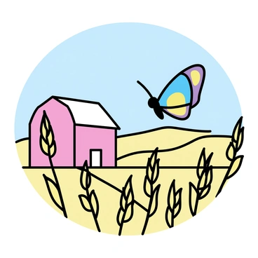 A "schmetterling" with vibrant and colorful wings, fluttering gracefully through a field of tall, golden crops. In the background, there is a bright red barn with a white roof, standing prominently against a clear blue sky. The crops sway gently in the breeze, surrounding the butterfly as it dances from one plant to another. The scene captures the essence of a serene agricultural landscape with the barn adding a touch of rustic charm.