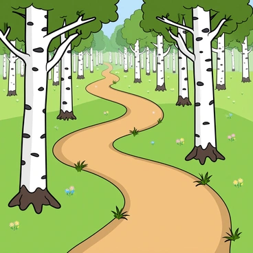 A winding forest path that meanders through a lush green landscape. The path is flanked by towering birch trees with white bark, their branches creating a gentle canopy overhead. The ground is covered with a soft layer of fallen leaves and vibrant green grass. Sunlight filters through the leaves, casting playful shadows on the path. Small wildflowers in various colors dot the sides of the trail, adding hints of color to the scene. A sense of adventure is created by the way the path invites exploration into the depths of the forest.