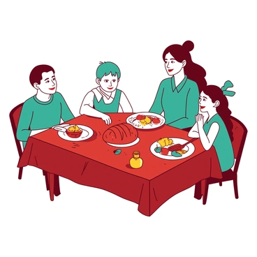 A red table is set with various dishes for a Rosh Hashanah meal, featuring a round challah bread placed in the center. A teal family consisting of four members is sitting around the table, engaged in conversation. The parents, a man and a woman, are smiling at each other while their two children, a boy and a girl, are animatedly sharing stories. There are apples and honey on the table, symbolizing the sweetness of the new year. The room is warm and inviting, with soft lighting enhancing the festive atmosphere.