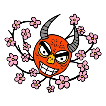 A classic hannya mask with intricate detailing, displaying vibrant colors and sharp features. The mask has prominent horns, a fierce expression, and delicate patterns etched into its surface. Surrounding the mask, there are swirling cherry blossoms with soft pink petals, creating a dynamic and lively atmosphere. The blossoms are in various stages of bloom, adding depth to the scene. The overall composition emphasizes the striking contrast between the mask and the delicate beauty of the cherry blossoms.