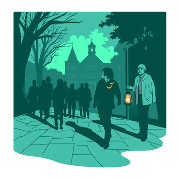 A teal night scene depicts a spooky walking tour in Charleston. A group of people, dressed in dark clothing, follows a guide who stands at the forefront, holding a flickering orange lantern. The guide has an expressive face, engaging the group with animated gestures as they share ghost stories. Shadowy trees line the path, their branches looming overhead. The cobblestone street reflects the glow of the lantern, creating an eerie atmosphere. In the background, an old, historic building looms, partially obscured by mist, adding to the mysterious vibe of the scene.