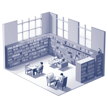 An interior of a city library featuring tall shelves filled with numerous books. The shelves extend from the floor to the ceiling, creating an organized and inviting atmosphere. Several reading areas are scattered throughout the space, each equipped with comfortable chairs and small tables for study or relaxation. Natural light filters in through large windows, casting soft shadows across the wooden floors. A few patrons are seated in different sections, engrossed in their reading or studying quietly. The scene conveys a sense of tranquility and focus.