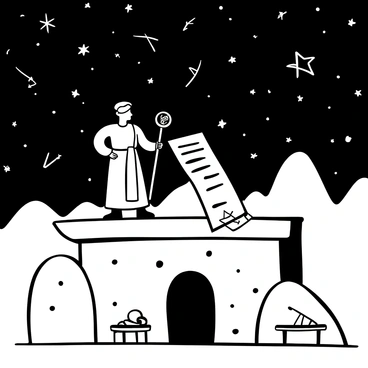 An ancient astronomer is depicted standing on a stone observatory, surrounded by large stone structures that form the base of the observatory. He holds a wooden staff in one hand, while the other hand holds a simple, hand-crafted astrolabe made of bronze. The night sky above is filled with an array of stars, with constellations clearly visible. A parchment with markings is spread out on a flat stone surface beside him. The astronomer's robe is draped around him, and a few small stone tables with various primitive tools are scattered around the observatory. A faint silhouette of mountains is present in the background.