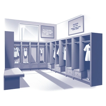 An open locker room with volleyball gear and motivational quotes on the walls