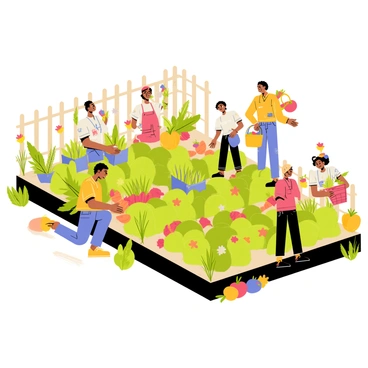 A community garden filled with vibrant green plants and rows of fresh vegetables including red tomatoes, bright yellow peppers, and leafy greens. Multiple people of diverse backgrounds are joyfully harvesting vegetables. One person is kneeling to pick carrots, another is reaching up to gather ripe tomatoes, and a child is collecting peppers in a small basket. Colorful flowers are blooming around the garden beds, and a wooden fence surrounds the garden, adding to the lively scene. Bright sunlight casts cheerful shadows on the ground, contributing to the warm atmosphere of collaboration and community.