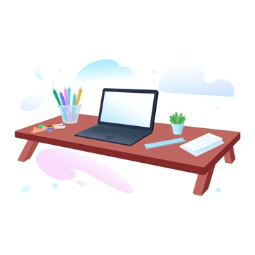 A wooden desk with a smooth surface is positioned at the center of the image. On the desk, there is a laptop that is perfectly aligned and open, displaying a clean digital interface. Neatly arranged stationery items are visible, including a set of colorful pens, a notepad with blank pages, and a ruler, all positioned in a tidy manner. A small plant in a decorative pot is placed at one corner of the desk, adding a touch of greenery. The overall scene is clean and organized, with a soft gradient pastel background enhancing the focus on the desk.