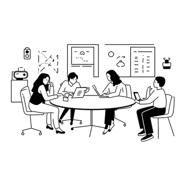 A high-tech coworking space filled with sleek, modern furniture. In the center, a large, round table is surrounded by several people engaged in conversation. One person is using a tablet, while another is typing on a laptop with multiple screens. There are whiteboards filled with notes and diagrams on the walls. Advanced gadgets, like smart speakers and a virtual reality headset, are scattered throughout the space. Large windows allow light to flood in, highlighting the dynamic environment.
