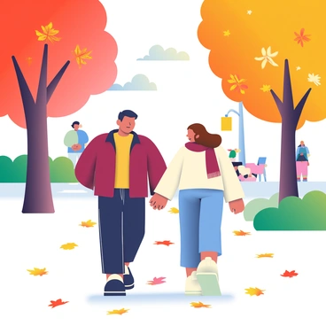 A couple is walking hand in hand through a park. The man has short black hair and is wearing a maroon jacket and dark jeans. The woman has long brown hair and is dressed in a cream sweater and a burgundy scarf. They are surrounded by a carpet of colorful autumn leaves in shades of red, orange, and yellow. Tall trees with vibrant foliage arch over the path, and a gentle breeze is causing some leaves to drift down around them. In the background, there is a clear blue sky, and a few people are enjoying the park, adding to the lively atmosphere.