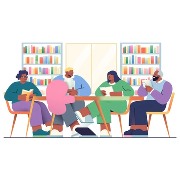 A diverse group of five people is sitting around a large wooden table in a library. There is a woman with curly dark hair wearing glasses, reading a thick novel. Beside her is a man with short blond hair, dressed in a blue shirt, who is actively discussing a book with a thoughtful expression. Across the table, a young woman with long straight black hair is taking notes in a notebook, her focus on a paperback book in front of her. Next to her, a man with a neatly trimmed beard is flipping through a magazine, glancing up occasionally to join the conversation. Finally, an older gentleman with gray hair is seated at the end of the table, sharing a story related to his reading. Behind them, tall bookshelves filled with colorful books create a cozy atmosphere. A warm light from a nearby window casts soft shadows across the table.