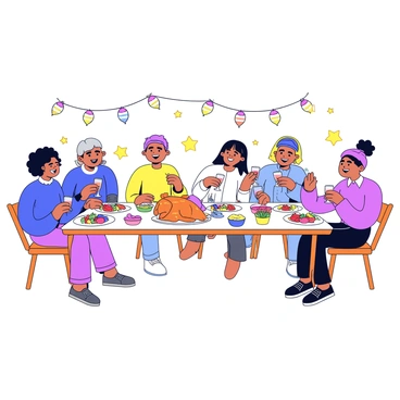 A group of friends sitting around a large rectangular wooden table. The table is covered with a white tablecloth and is adorned with various holiday dishes including a golden-brown roasted turkey, colorful vegetable sides, and a bowl of cranberry sauce. Each friend has a plate in front of them filled with food. They are smiling and engaged in conversation, with holiday decorations like twinkling lights and a small Christmas tree in the background. Some friends are raising glasses for a toast, while others are passing dishes around.