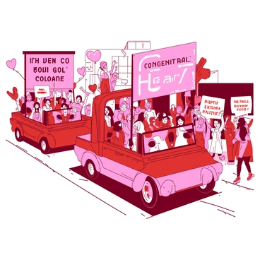 A red street is bustling with activity during a parade celebrating "Heart Day" for congenital heart awareness. Colorful floats, adorned with vibrant decorations, move slowly along the street. Each float features unique designs, displaying large banners with messages of support and awareness in various shades of pink. People of all ages are dressed in themed clothing, waving to the crowd and carrying small heart-shaped balloons. In the background, there are spectators clapping and cheering, with some holding up handmade signs to show their support. The atmosphere is filled with excitement and community spirit.