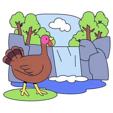 A turkey with brown feathers and a bright red wattle is standing on a patch of green grass. The turkey is looking up with a curious expression directed towards a waterfall. The waterfall cascades down smooth rocks, creating a splash at the bottom. Surrounding the waterfall is a lush green forest filled with tall trees and vibrant foliage. Sunlight filters through the leaves, casting dappled shadows on the ground.