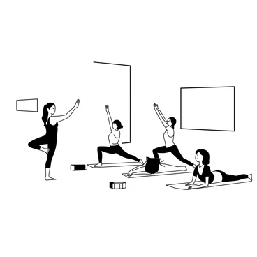 A yoga instructor standing at the front of a studio, demonstrating a yoga pose. The instructor is wearing form-fitting athletic wear and has long hair pulled back in a ponytail. Several students are following along, positioned in various yoga poses on their mats in front of large screen displays. The room is spacious and has a calm atmosphere, while the students exhibit focus and determination in their practice. A few yoga props, such as blocks and straps, are visible on the floor around the students.