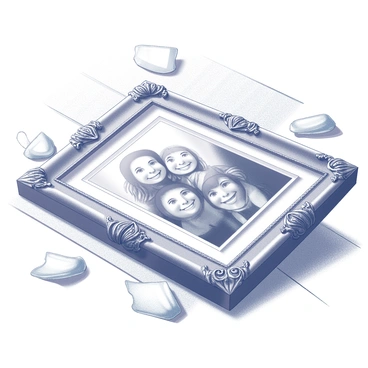 A picture frame lies on the floor, shattered into several pieces. The frame is ornate, featuring intricate carvings along its borders. Inside the frame, there is a family photo depicting smiling faces frozen in time. Glass shards are scattered around the frame, reflecting light in various directions. The floor beneath is wooden, with visible grains and textures, adding depth to the scene.