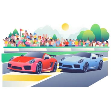Two sleek Porsches, one red and one blue, are racing side by side on a vibrant racetrack. The racetrack features bright yellow and white lane markings, and the asphalt is a deep gray. The surrounding area is filled with enthusiastic spectators, who are waving flags and clapping, their expressions filled with excitement. In the background, colorful banners adorn the stands, and there are trees lining the perimeter of the track, their green leaves contrasting with the vivid colors of the cars and the cheering crowd. The sun is shining brightly overhead, casting sharp shadows on the ground.