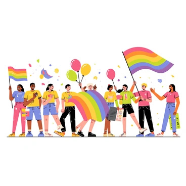 A vibrant pride parade with many participants from various gender identities. The participants are wearing brightly colored clothing and accessories. They are carrying large flags in different colors, including the rainbow flag, representing diversity. Some participants are holding banners with messages of support and love. The scene is filled with joy and celebration, with confetti raining down and balloons floating in the air. The atmosphere is lively, with some people dancing and others cheering along the route.