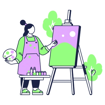 An artist is standing in front of a large easel, painting a landscape on a half illustration board. The artist has long hair tied in a bun and is wearing a smock with splashes of color. The easel holds a canvas showcasing a green hill under a purple sky. Nearby, there are tubes of paint scattered across a small table. A palette in the artist's hand shows various colors mixed together. In the background, several trees are visible, framing the scene.