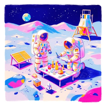 An experiment setup on the moon's surface includes two Apollo astronauts in white space suits, each with helmets reflecting the lunar landscape. One astronaut is holding a scientific instrument, while the other is documenting the experiment with a clipboard. In the background, a lunar module is partially visible, and the gray, rocky terrain features craters and fine lunar dust. The Earth can be seen in the dark sky, appearing small and distant. Various scientific equipment is arranged on the surface, including a solar panel and a collection of experiments.