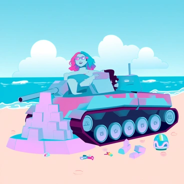 A tank girl with vibrant, colorful hair, wearing a stylish bikini and sunglasses, is happily building an elaborate sandcastle near her tank parked on the sandy beach. The tank has a sleek design with a futuristic paint job, blending into the beach atmosphere. The ocean waves gently lap at the shore, and a bright blue sky with fluffy white clouds stretches overhead. Various beach toys lie scattered around her, and the sun casts warm light, highlighting her joyful expression as she molds the sand.