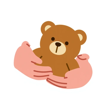 A pair of hands gently holding a small teddy bear close to the chest. The teddy bear has soft, brown fur and a cute face with round eyes and a stitched nose. The hands are depicted with delicately curled fingers, showcasing a sense of warmth and affection. The background is simple and unobtrusive, allowing the focus to remain on the hands and the teddy bear.