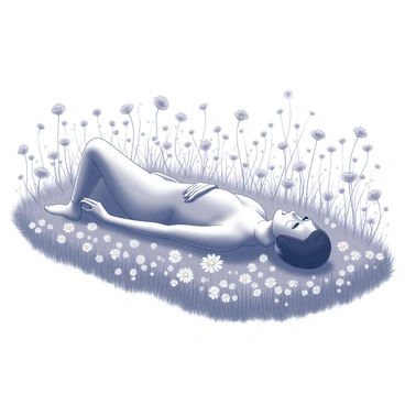 A person lying comfortably on their back in a vast field filled with wildflowers. The individual is surrounded by a variety of flowers, including daisies and poppies, which are densely packed in the area. The grass beneath them is lush and slightly tall, gently swaying in a soft breeze. Their arms are spread out at their sides, and they appear relaxed, gazing up at the sky. The scene conveys a sense of tranquility and connection to nature.
