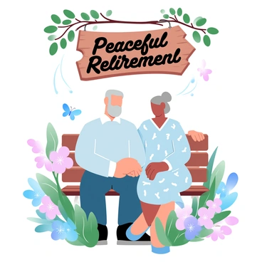 An elderly couple is sitting together on a wooden bench in a vibrant garden filled with blooming flowers in various colors. The man has gray hair and is wearing a light sweater, while the woman has silver hair pulled back in a bun, dressed in a floral dress. They are both surrounded by lush greenery and colorful plants. Above them, a wooden sign reads "Peaceful Retirement" in elegant lettering, hanging from a tree branch. Butterflies flutter around, adding to the tranquil atmosphere of the scene.