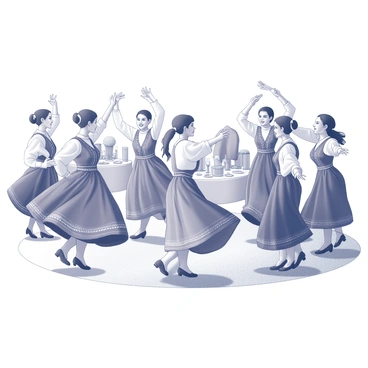 A group of dancers in traditional attire is performing a folk dance at a wedding reception. The dancers are arranged in a semi-circle, showcasing a variety of vibrant embroidery and embellishments on their outfits. Each dancer has their arms raised, elegantly moving in unison, while their feet tap rhythmically on the ground. The scene captures a sense of joy and celebration, with some dancers wearing ornate jewelry that reflects light. In the background, guests are seated at elegantly set tables, enjoying the lively performance. The atmosphere is filled with movement and energy as the dancers express their cultural heritage through their graceful and spirited dance.