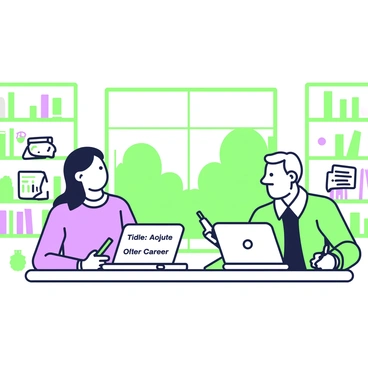 A mentor is seated at a large, wooden desk in a well-lit office filled with bookshelves. The mentor, an older individual with gray hair, is leaning forward with a thoughtful expression while discussing various career paths. In front of the mentor is a laptop open to a presentation slide displaying different job titles in scientific illustration. Opposite the mentor, a young scientific illustrator with long hair is listening attentively, holding a notebook and a pen to take notes. Scattered around the desk are printed graphs and articles related to salary expectations in the field. A large window in the background shows greenery outside, providing a contextual view of the environment.