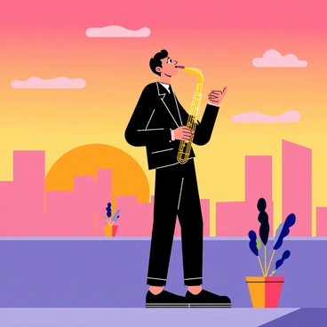 A lone saxophonist stands on a flat rooftop, silhouetted against a vibrant sunset. The sky is filled with shades of orange, pink, and purple as the sun dips below the horizon. The saxophonist wears a stylish black outfit and tilts his head back while passionately playing his instrument. Nearby, a few potted plants add a touch of greenery to the rooftop scene. In the background, the outlines of tall buildings are visible against the colorful sky. A light breeze rustles through the fabric of the saxophonist's clothes.