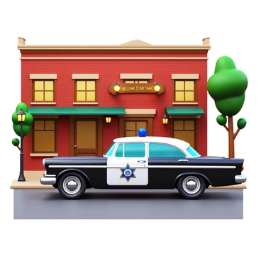 A classic police car from the 1950s, featuring a glossy black exterior with a white door emblazoned with a badge. The car is parked at a small-town street corner, surrounded by quaint brick buildings with vintage storefronts. Retro streetlights cast a warm glow, illuminating the scene. A few trees line the sidewalk, their leaves rustling gently in the breeze. The pavement is slightly worn, showcasing the charm of a bygone era. A "Welcome to Our Town" sign is visible in the background.