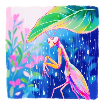 An orchid mantis is perched under a large green leaf, its body blending perfectly with the floral patterns of the leaf. The mantis has a delicate and intricate appearance, with shades of green, pink, and purple reflecting its orchid-like characteristics. Soft raindrops are falling around it, creating tiny splashes on the surface of the leaf. The background features a blurred collection of lush greenery, adding depth to the scene. The atmosphere conveys the gentle rhythm of the rain, with light glistening on the mantis's body.