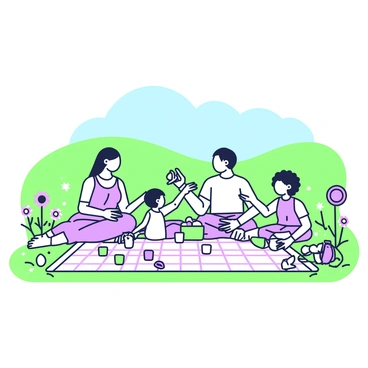 A family is sitting on a large blanket spread out on the grass in a meadow. The blanket is checkered and laid out neatly. There are four family members: a father with short hair, a mother with long hair, a young boy with curly hair, and a girl with braids. They are surrounded by various wildflowers in different shapes and sizes, creating a vibrant scene. The mother is holding a basket filled with food, while the father is pouring drinks into cups. The children are playing with a frisbee. In the background, there are rolling hills and a clear blue sky.