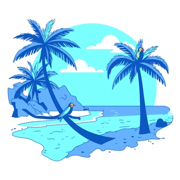 A blue tropical island features tall, green palm trees swaying gently in the breeze. In the foreground, vibrant exotic birds with bright plumage are perched on the branches of the palm trees. The background reveals a stunning crystal-clear lagoon, reflecting the bright sky above. Small waves gently lap at the shore, where fine, white sand meets the water's edge. The overall scene conveys a sense of lush, tropical paradise.
