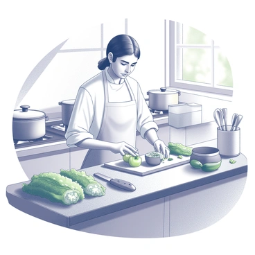 A chef standing in a bright kitchen, focusing on the preparation of a plant-based meal. The chef is chopping a variety of fresh vegetables on a wooden cutting board. Different types of leafy greens, vibrant bell peppers, and ripe tomatoes are laid out on the counter. Several utensils and kitchen tools are organized around the chef, including a large knife and mixing bowls. Sunlight streams through the window, illuminating the workspace and highlighting the freshness of the ingredients. The chef is wearing a white apron, and there are pots and pans visible on the stove, ready for cooking.