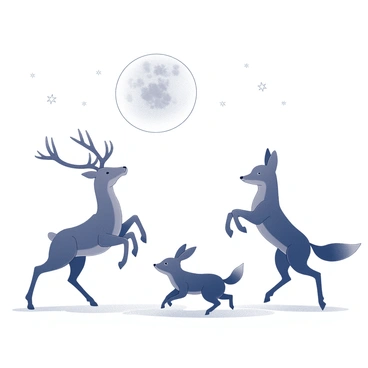 Silhouettes of various animals are depicted in dynamic poses, suggesting movement and dance. The animals include a deer with elegant antlers, a bounding rabbit, and a leaping fox, all represented in a playful arrangement. Above them, a large moon illuminates the scene, casting soft light on the ground beneath. The background features a clear night sky, with stars twinkling faintly, enhancing the enchanting atmosphere of the moment.