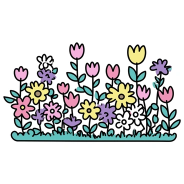 A garden filled with a variety of flowers, including tulips, daisies, and roses. The flowers display an array of vibrant colors such as red, yellow, purple, and pink. The flowers are densely packed, creating a rich tapestry of shapes and hues. Green leaves and stems provide a contrast to the colorful petals, adding depth to the scene.