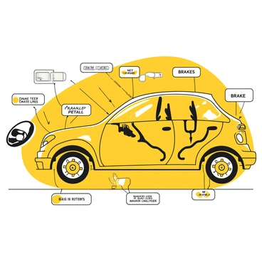 A detailed diagram showing the various parts of a car's braking system. The diagram includes labeled components such as the brake pedal, master cylinder, brake lines, disc brakes, brake calipers, and rotors. Arrows indicate the flow of brake fluid and the movement of each part during the braking process. The background is simple, allowing focus on the intricate details of each component. Each part is clearly defined and represented with precise lines and labels to enhance understanding of the braking system's functionality.