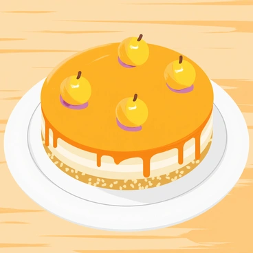 A round gateau with a smooth, glossy caramel topping sits on a white plate. The cake is layered with rich caramel apple-flavored cream and decorated with small, shiny caramel apples on top. The sides of the gateau are adorned with a drizzle of caramel and finely chopped nuts, enhancing its texture. The background features a simple wooden table surface to emphasize the delicious dessert.