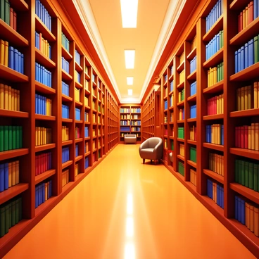 A long library hallway with towering bookshelves on both sides. The bookshelves are filled with countless books of various sizes and colors. The floor is made of polished wood, reflecting the warm glow of soft overhead lights. The ceiling is high, with ornate molding that adds a touch of elegance. The hallway extends far into the distance, creating the illusion of infinity. Each bookshelf is meticulously organized, with some books arranged horizontally and others vertically. A small reading nook with a plush armchair can be seen at the far end of the hallway.