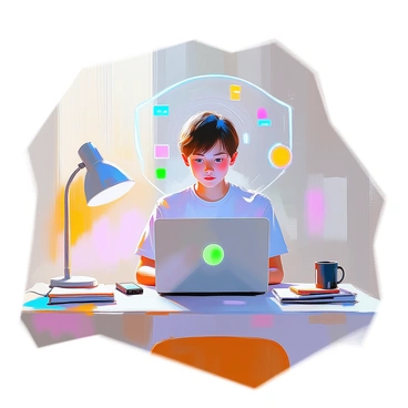 A teenager with short brown hair and wearing a casual t-shirt is seated at a desk, focused on their laptop. The laptop displays various colorful icons representing applications and notifications. Above the laptop, a shimmering holographic shield is projected, forming a translucent barrier around the screen. The shield glows with shades of blue and green, indicating its active protection against digital threats. The teenager's expression shows concentration as they navigate through their work, with soft lighting illuminating the room. Various tech gadgets and books are scattered on the desk, enhancing the modern atmosphere.