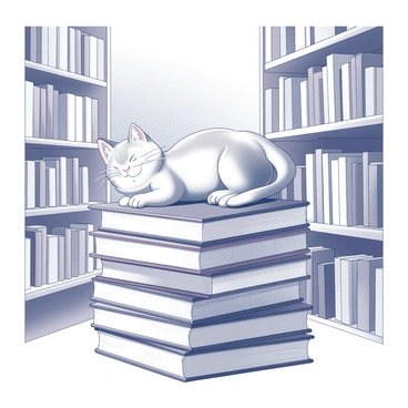 A cozy bookstore interior filled with shelves of various books. In the center, there is a stack of anime books, neatly arranged. A friendly cat is lounging comfortably on top of the stack, with its eyes closed and a relaxed posture. The cat has a fluffy coat and is positioned in a way that showcases its contentment. Surrounding the cat are glimpses of other bookshelves filled with colorful book spines, creating an inviting atmosphere.