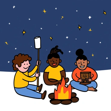 A group of three children sitting around a campfire at night. One child, with light skin and curly brown hair, is holding a long stick with a marshmallow at the end, carefully roasting it over the flames. Another child, with dark skin and braided hair, is laughing, sitting cross-legged and watching the marshmallow turn golden brown. The third child, with tan skin and short black hair, has a big smile while holding a graham cracker and chocolate bar, ready to assemble a s'more. The night sky above them is filled with bright stars, and the glow of the campfire illuminates their faces, creating a warm atmosphere.